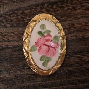Vintage Hand Painted Porcelain Cameo Ring Gold Tone Adjustable